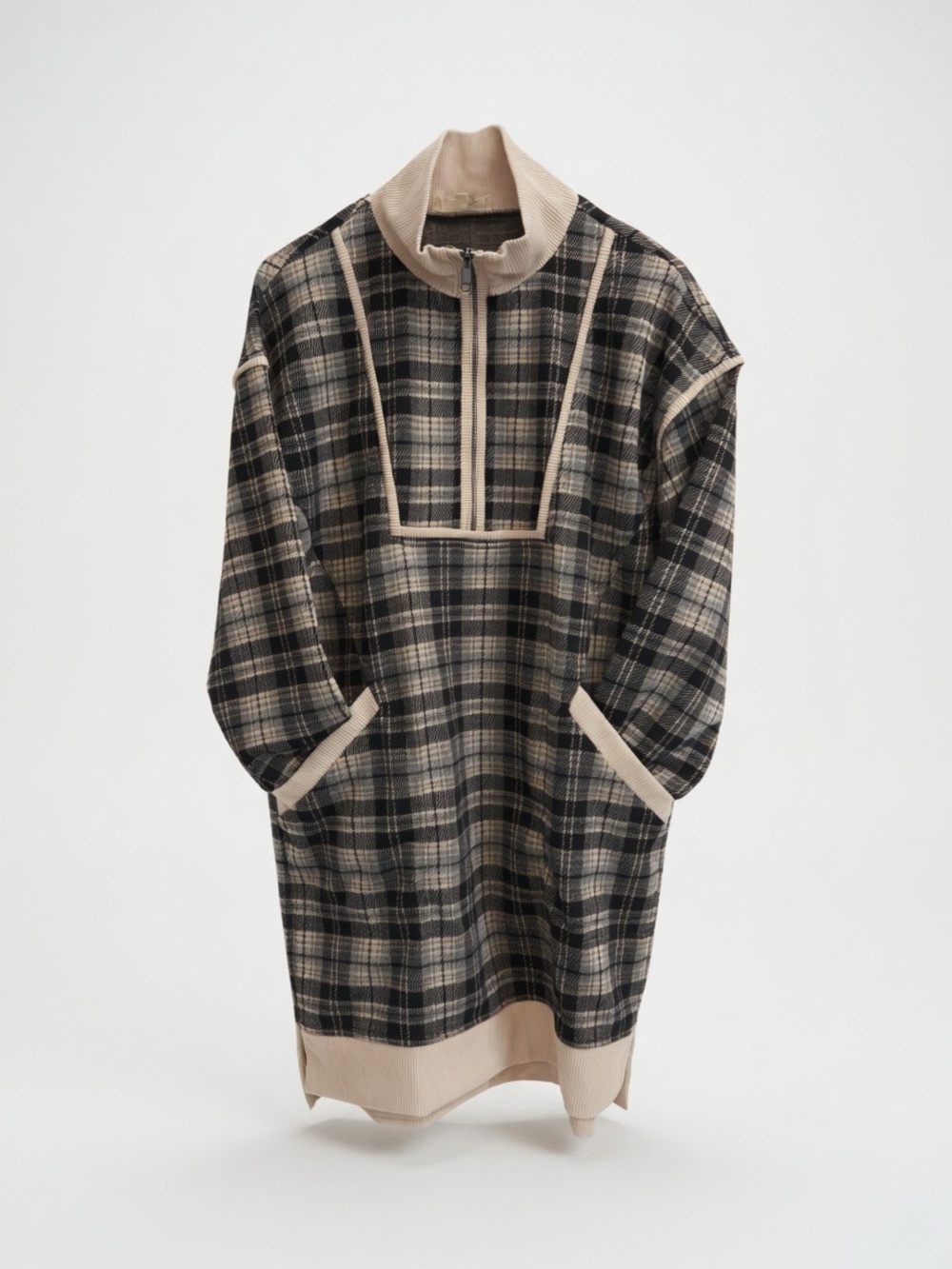 entro Plaid Long-Sleeve Dress in Black and Cream - Picture 2 of 4
